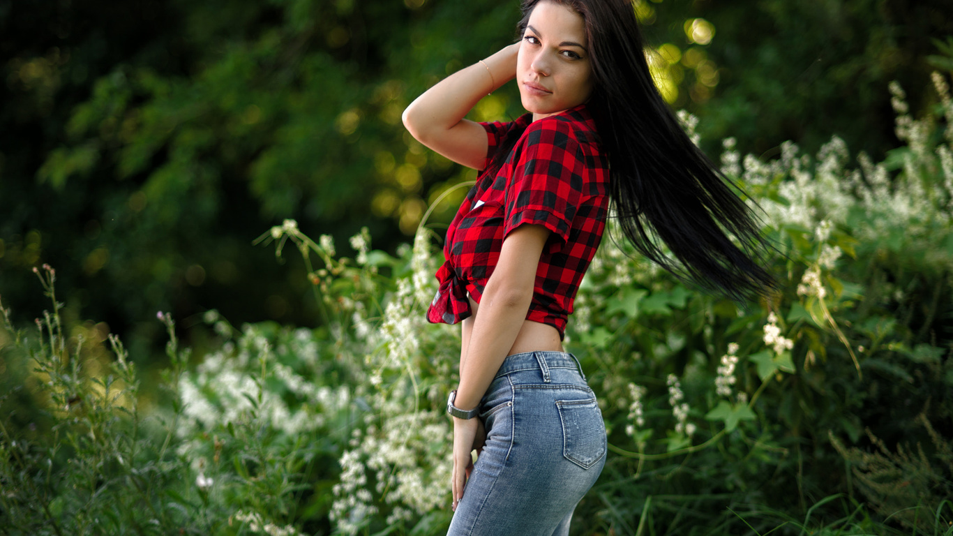 women, jeans, plaid shirt, portrait, long hair