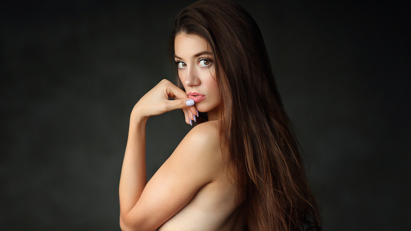 women, portrait, dmitry arhar, long hair, simple background, painted nails, finger on lips