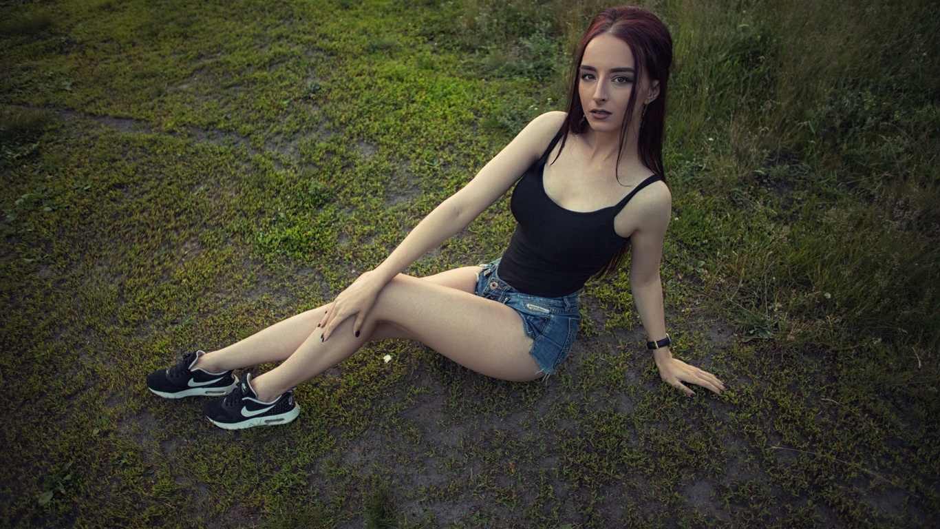 women, portrait, jean shorts, sitting, sneakers, nike, women outdoors, purple nails