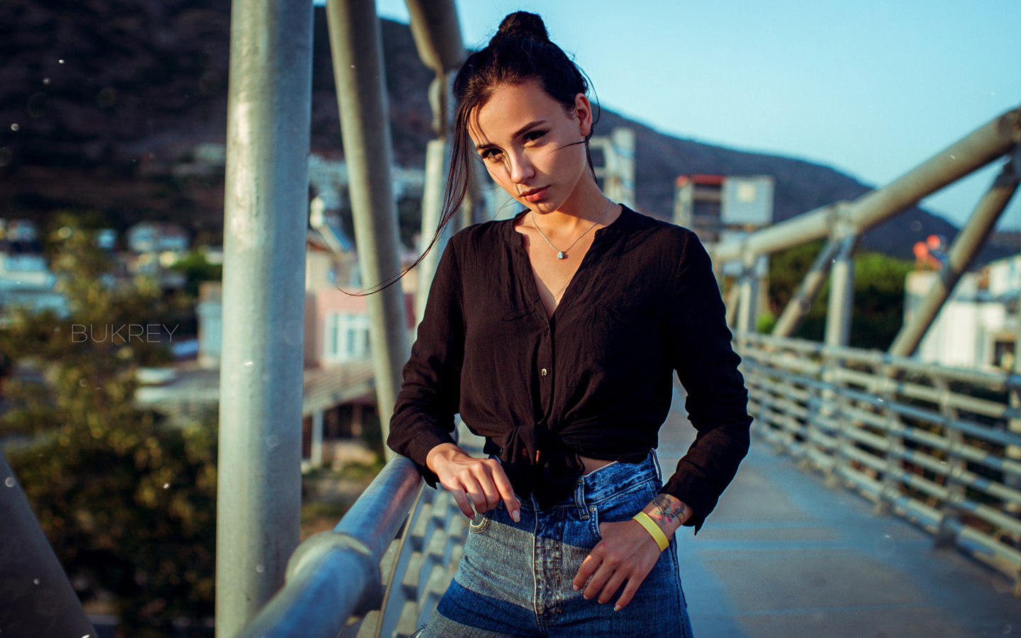 women, tattoo, jeans, hairbun, women outdoors, bridge, necklace