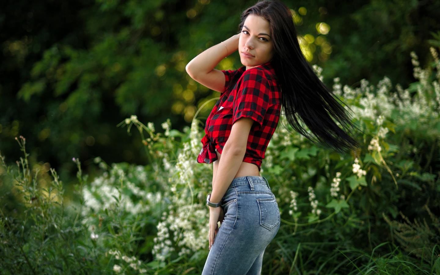 women, jeans, plaid shirt, portrait, long hair