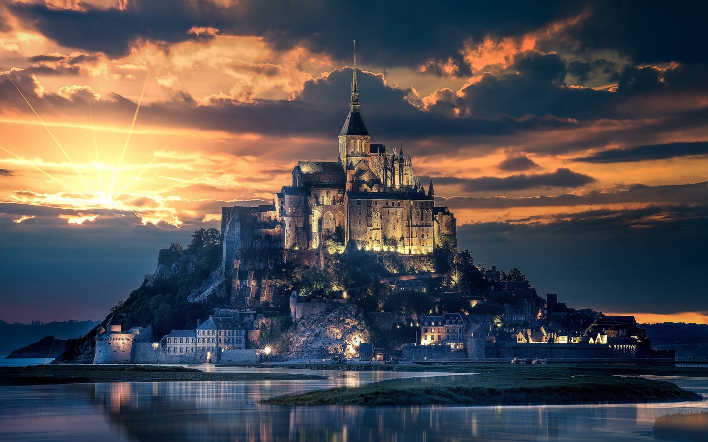 mont-saint-michel, sunset, french landmarks, island, france