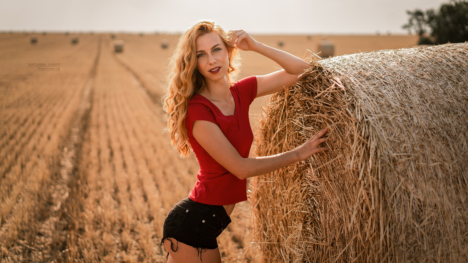 women, jean shorts, red lipstick, ass, hay, smiling, women outdoors, portrait