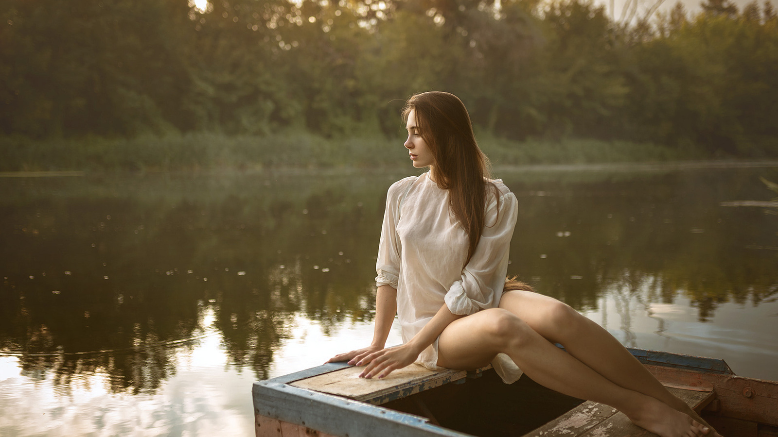 women, sitting, river, boat, white clothing, portrait