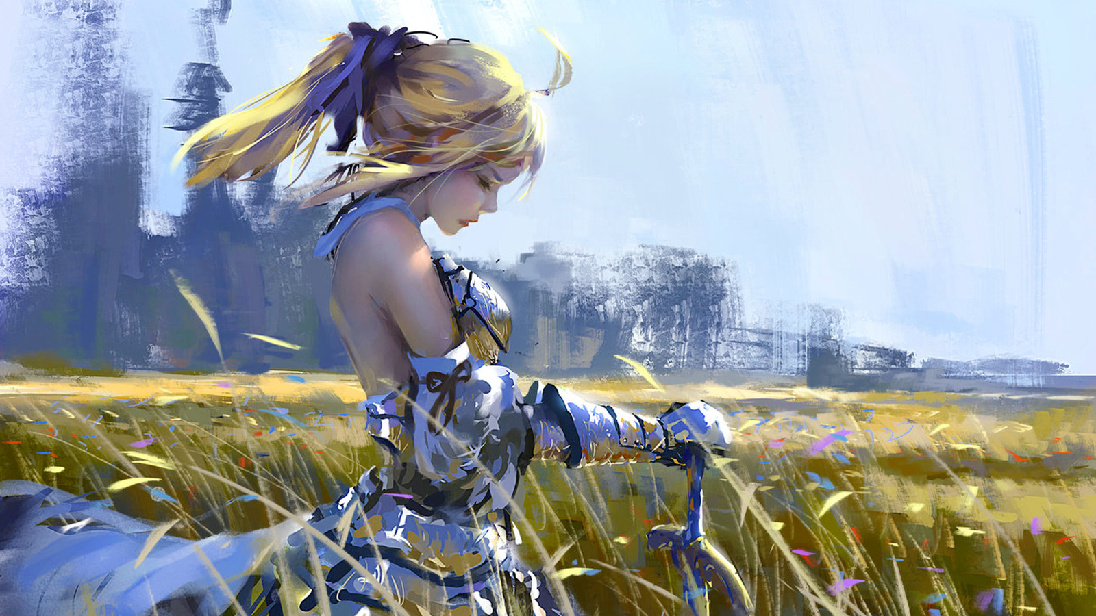 sword, digital art, armor, wind, saber lily