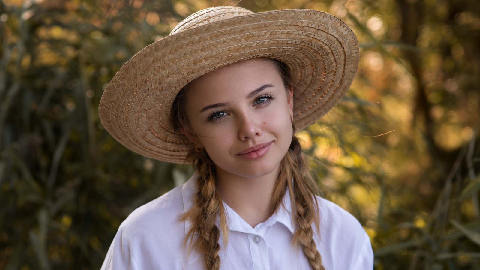 women, pigtails, smiling, blonde, hat, white shirt, gray eyes, portrait