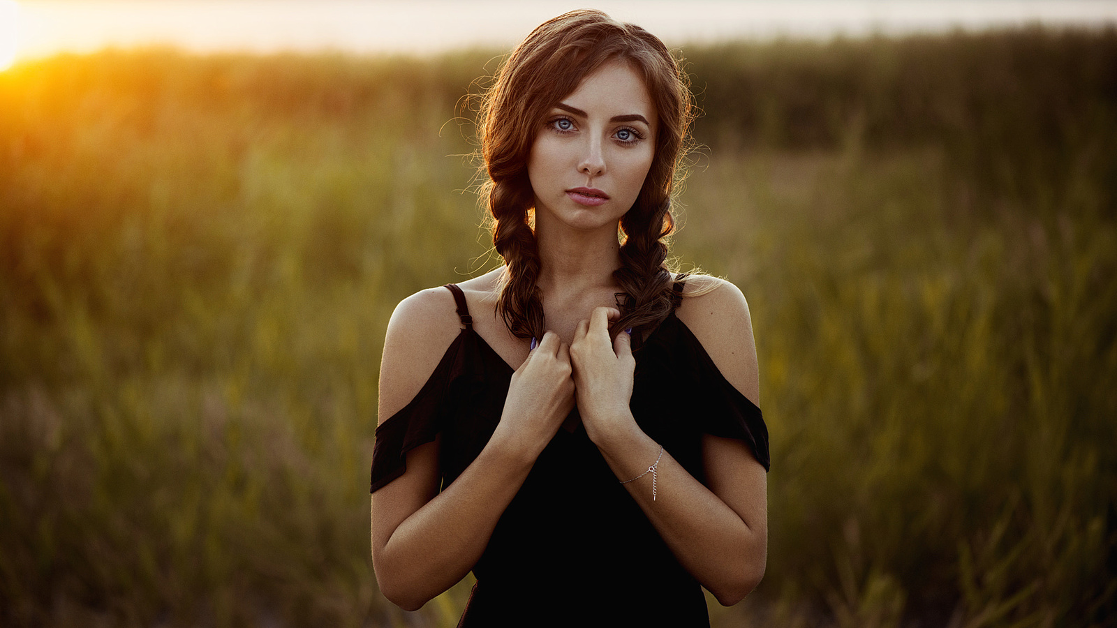 women, pigtails, blue eyes, sunset, bare shoulders, portrait