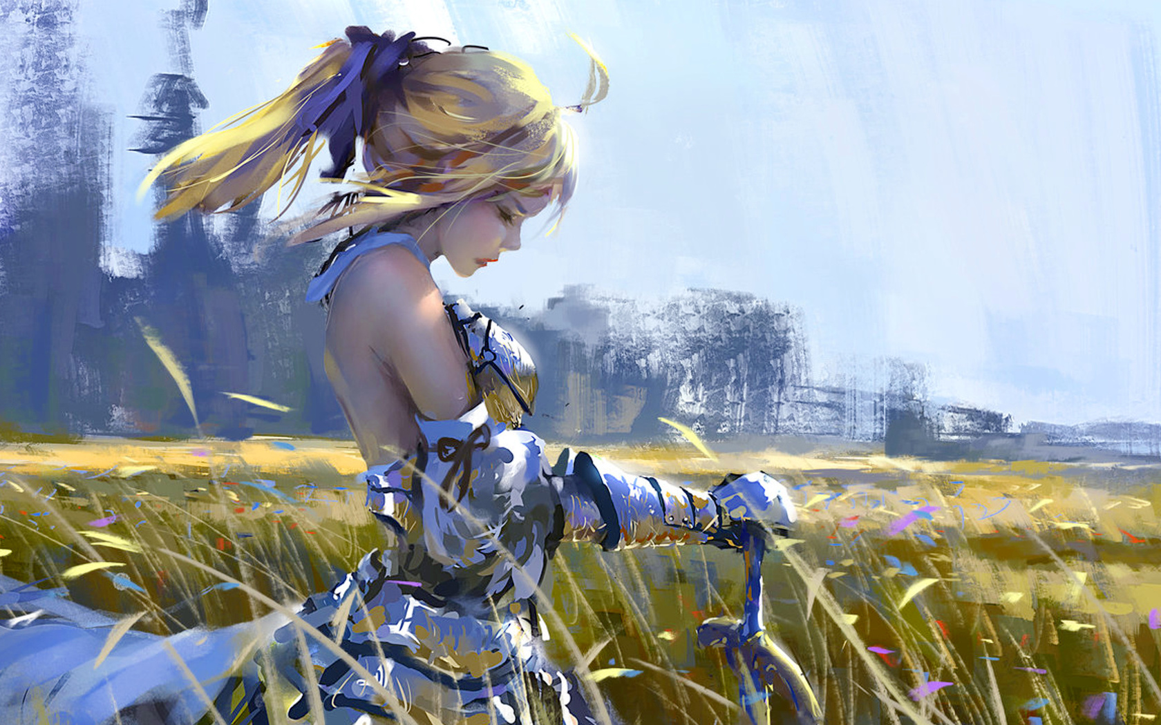 sword, digital art, armor, wind, saber lily