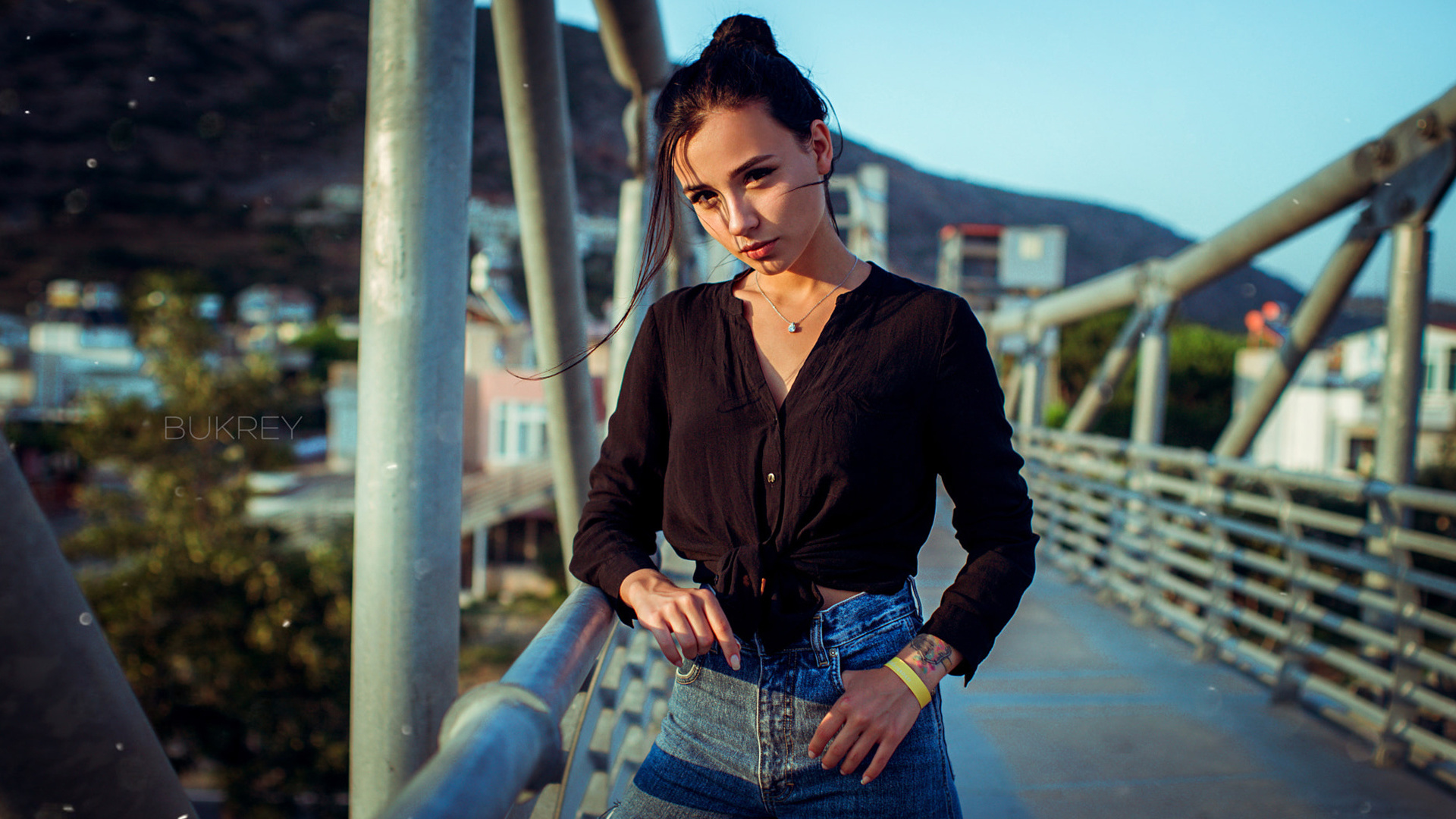 women, tattoo, jeans, hairbun, women outdoors, bridge, necklace