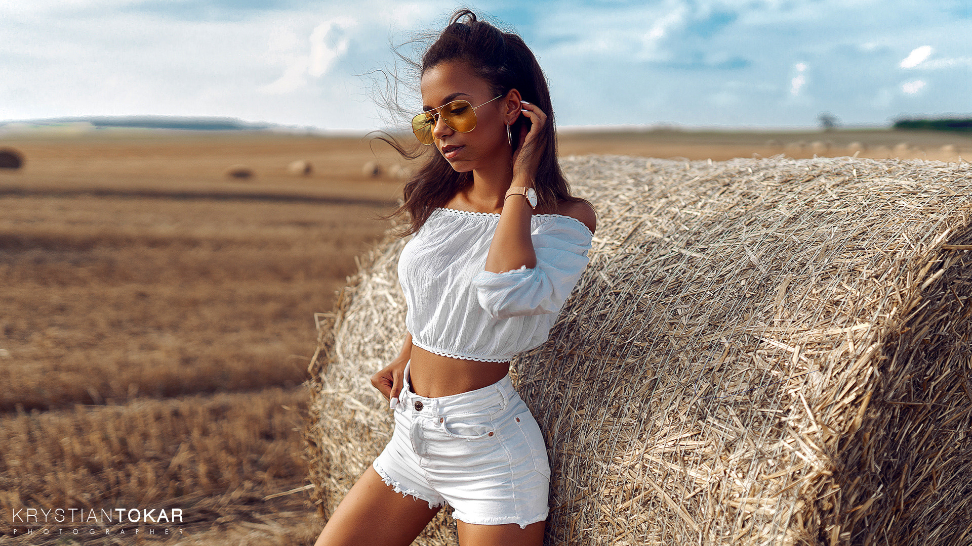 women, krystian tokar, tanned, women outdoors, women with glasses, hay, jean shorts, white clothing