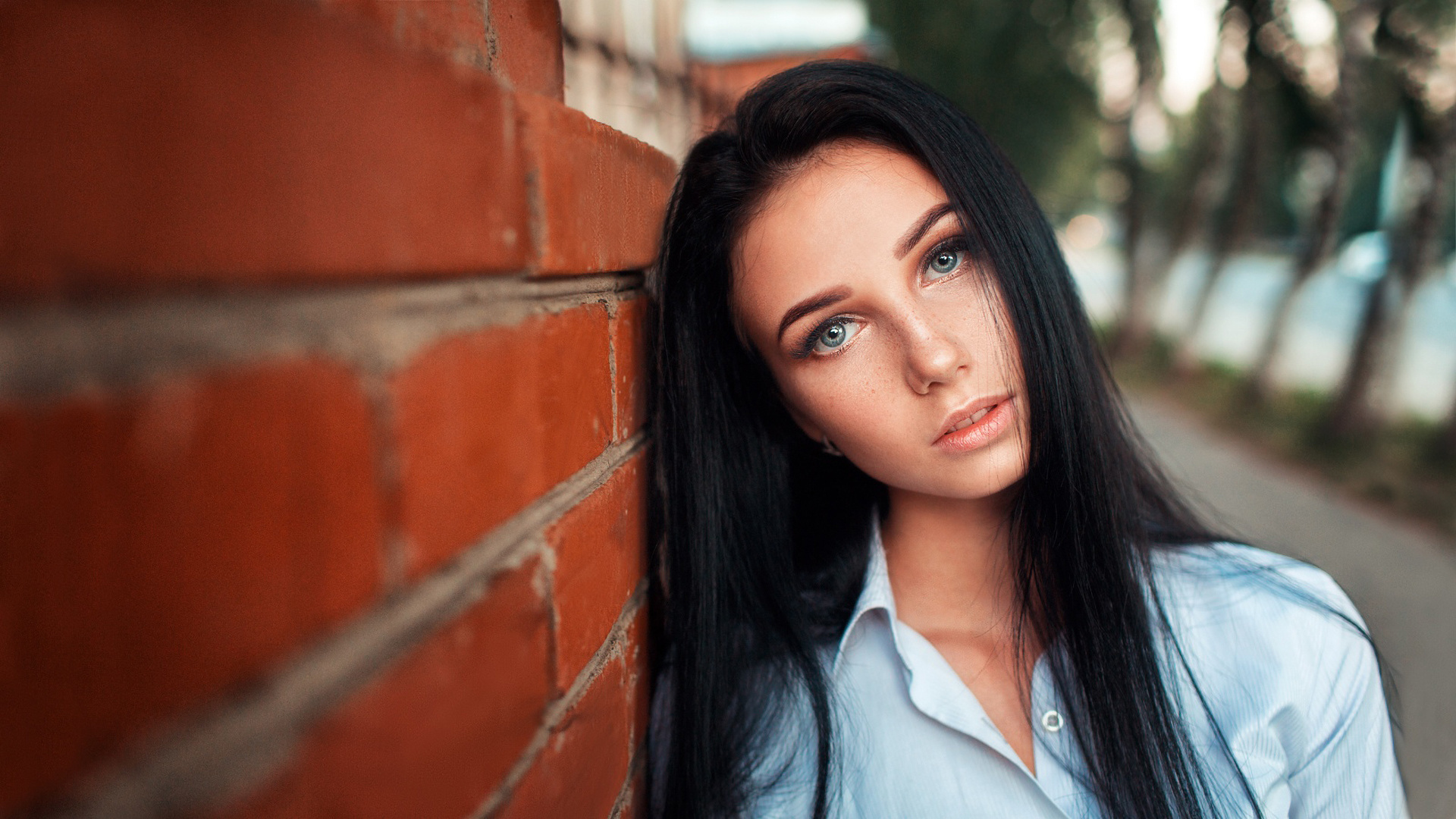 women, face, portrait, bricks, gray eyes