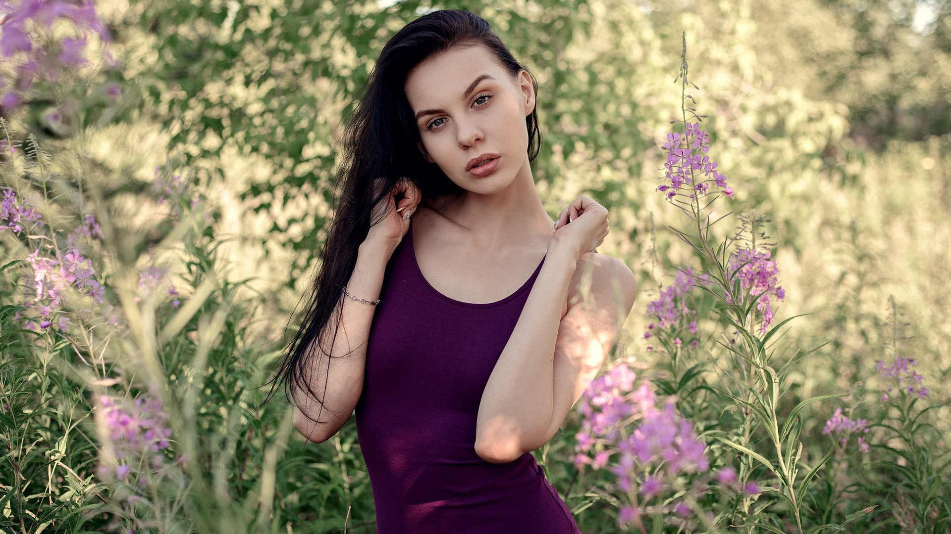 women, portrait, purple dresses, long hair