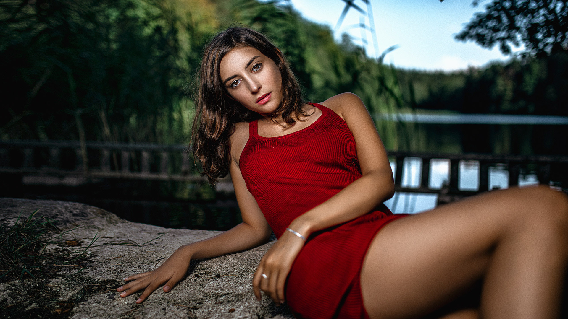 women, portrait, tanned, red dress, river, depth of field