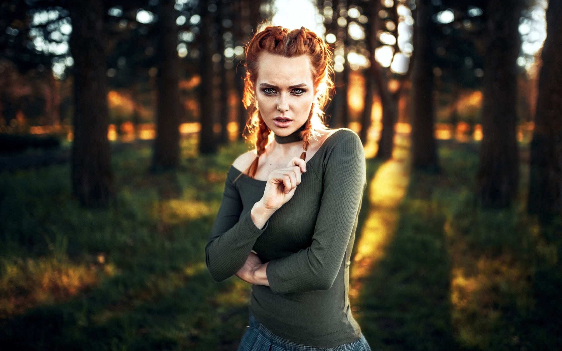 women, redhead, trees, pigtails, women outdoors, portrait