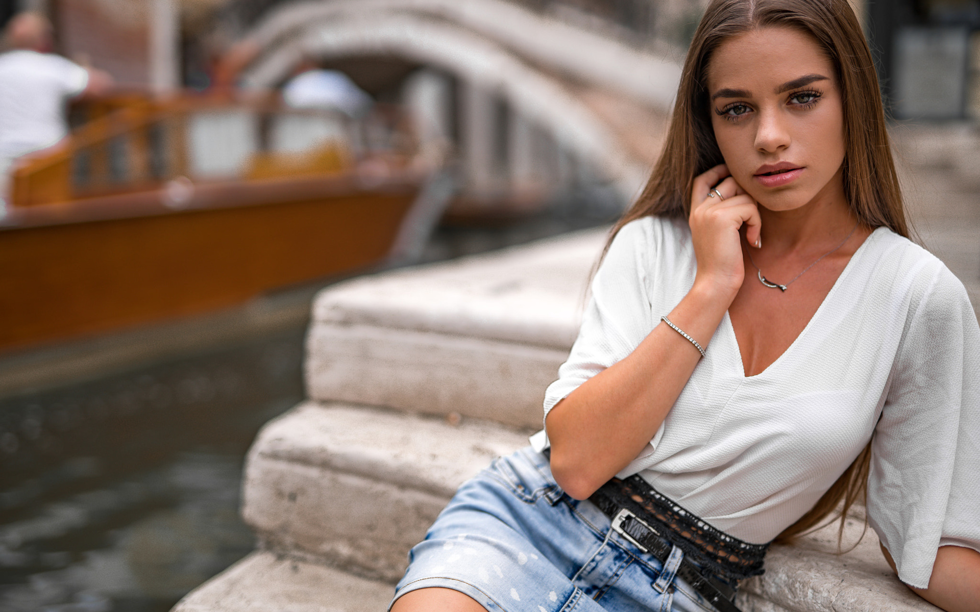 women, marco squassina, portrait, denim skirt, belt