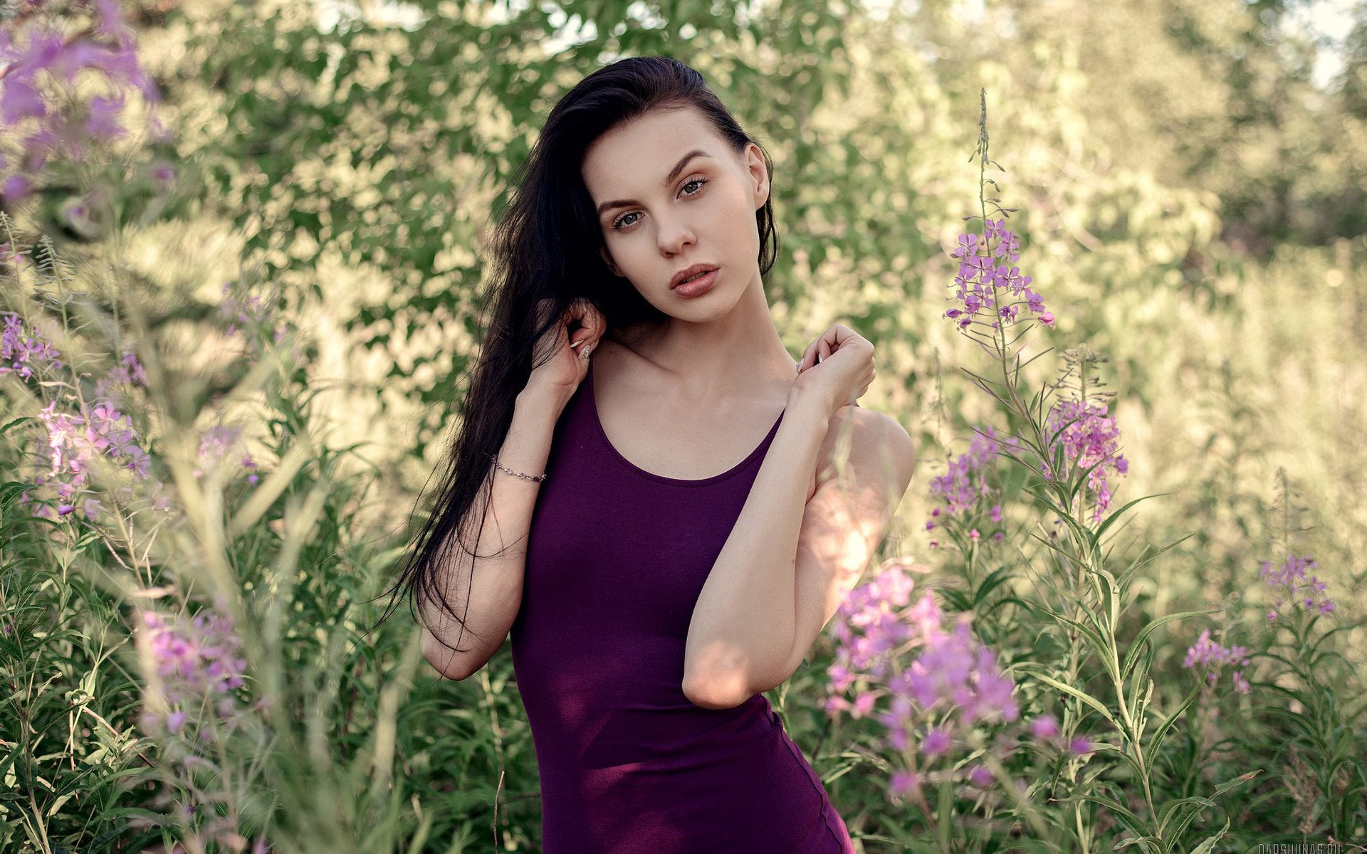 women, portrait, purple dresses, long hair