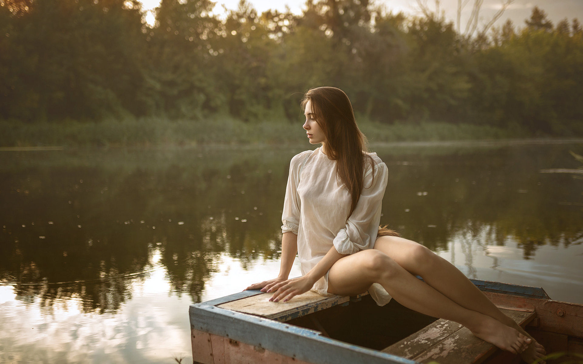 women, sitting, river, boat, white clothing, portrait