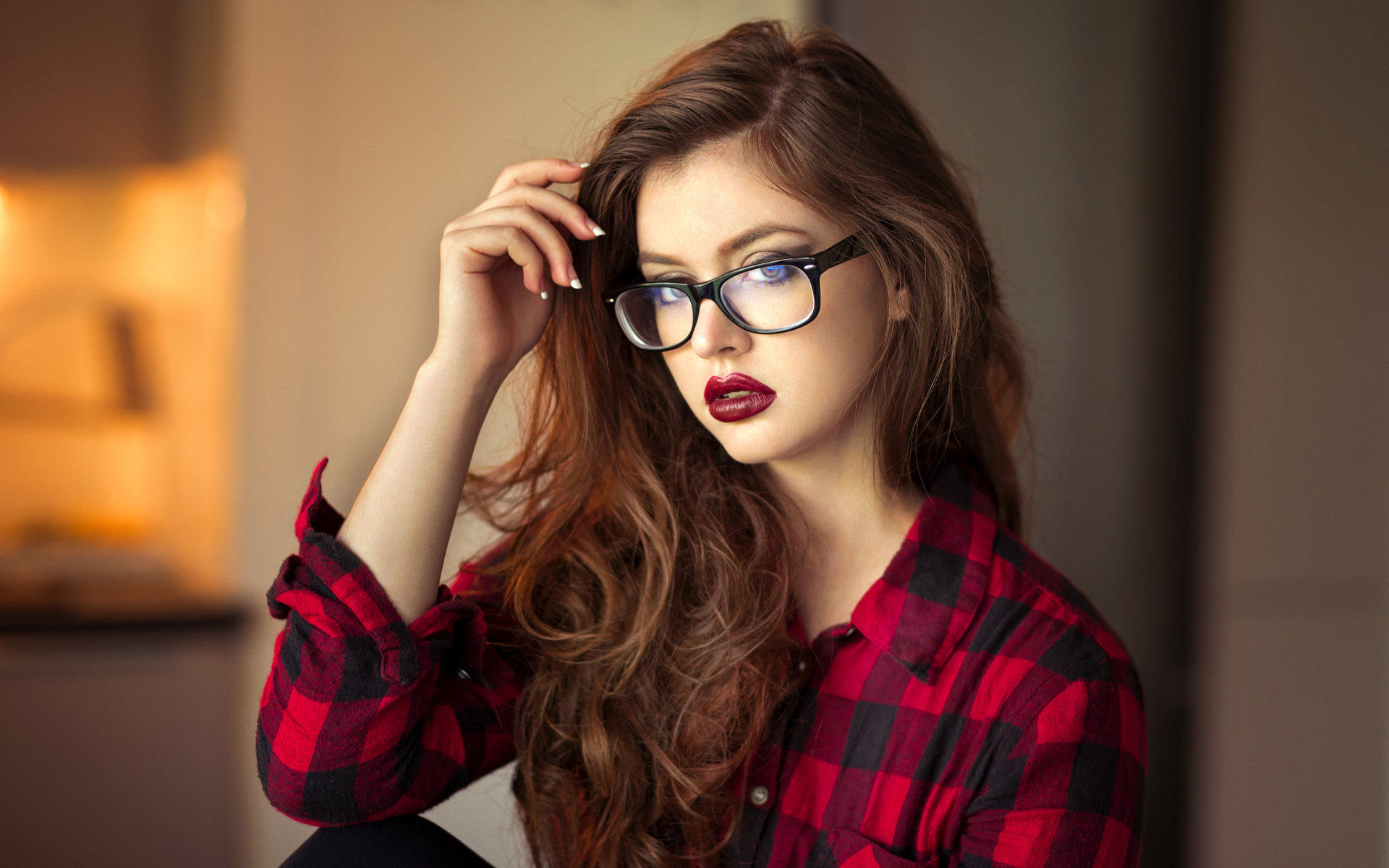 women, portrait, lods franck, plaid shirt, women with glasses