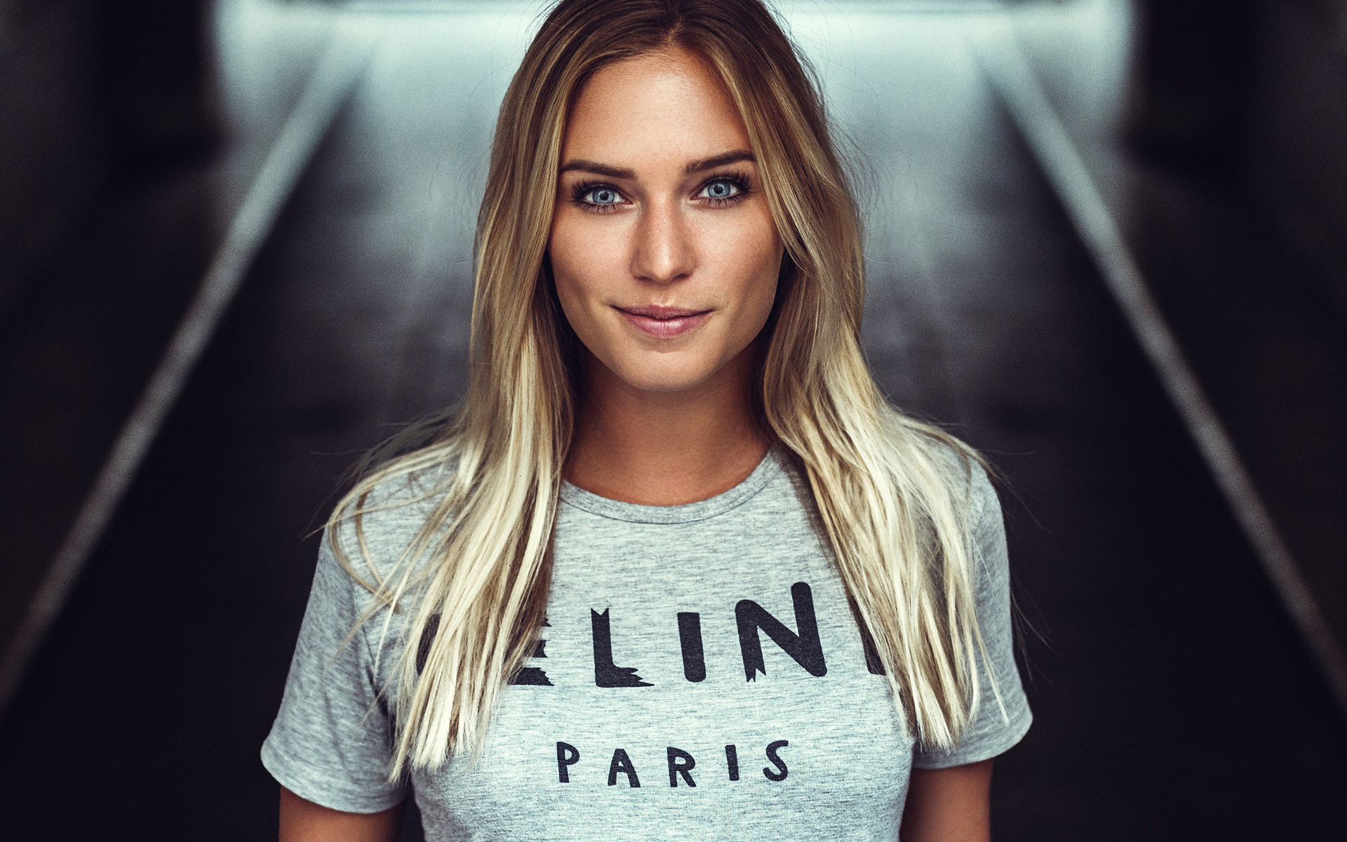 women, blonde, blue eyes, smiling, t-shirt, portrait