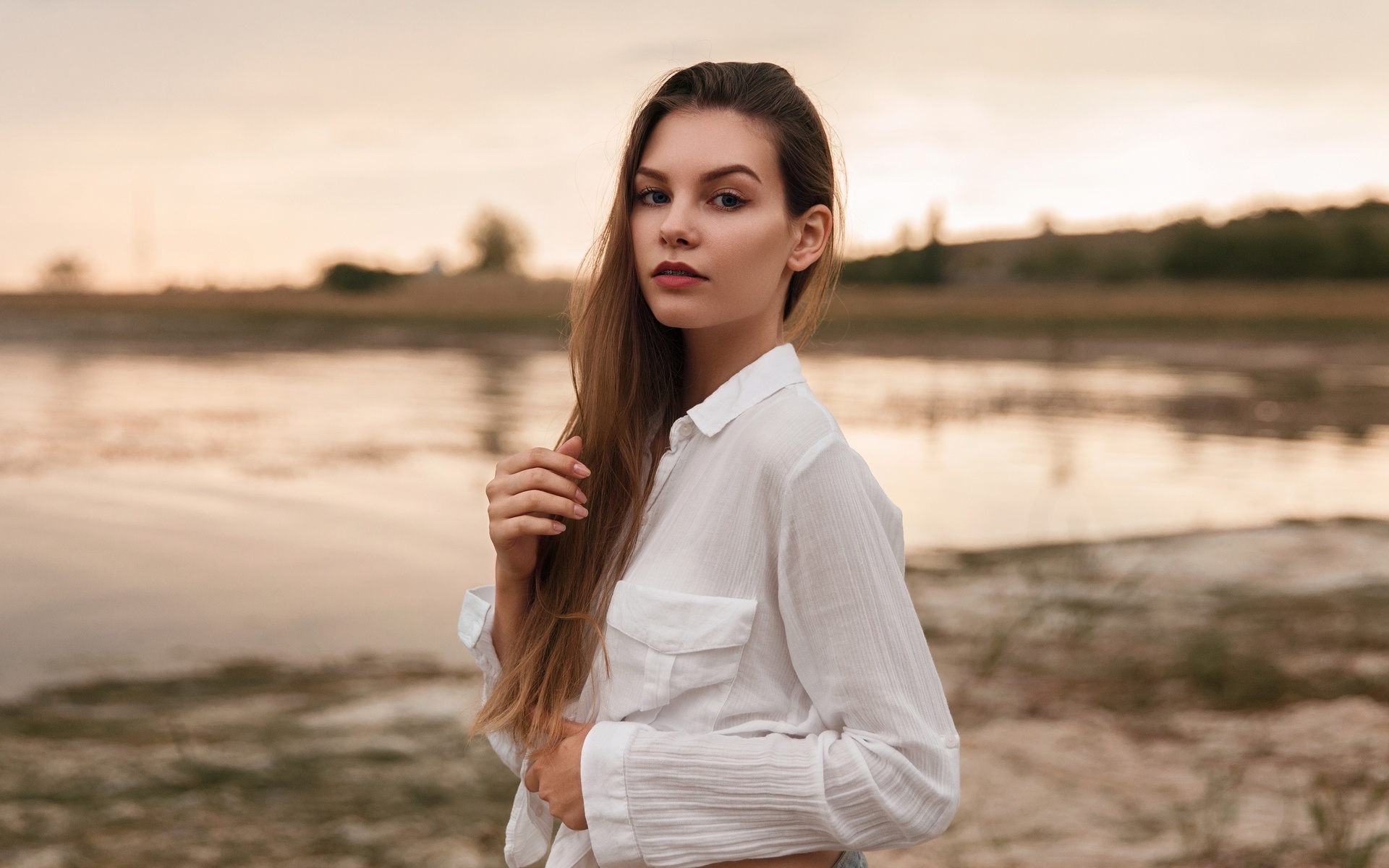 women, portrait, braces, blue eyes, white shirt, long hair, women outdoors