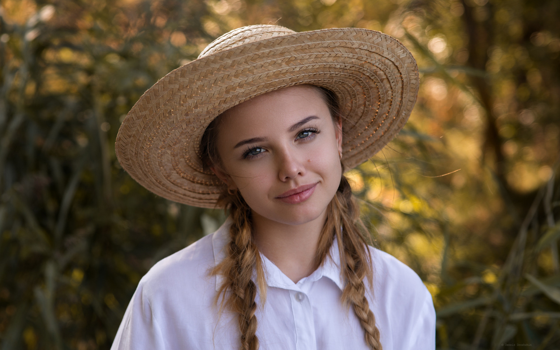 women, pigtails, smiling, blonde, hat, white shirt, gray eyes, portrait