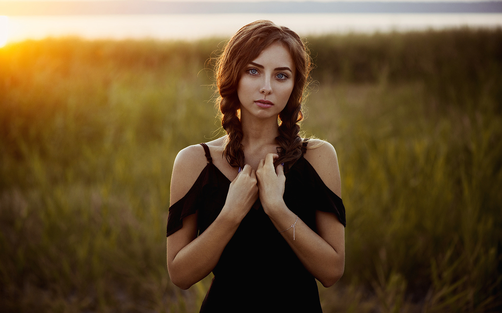 women, pigtails, blue eyes, sunset, bare shoulders, portrait