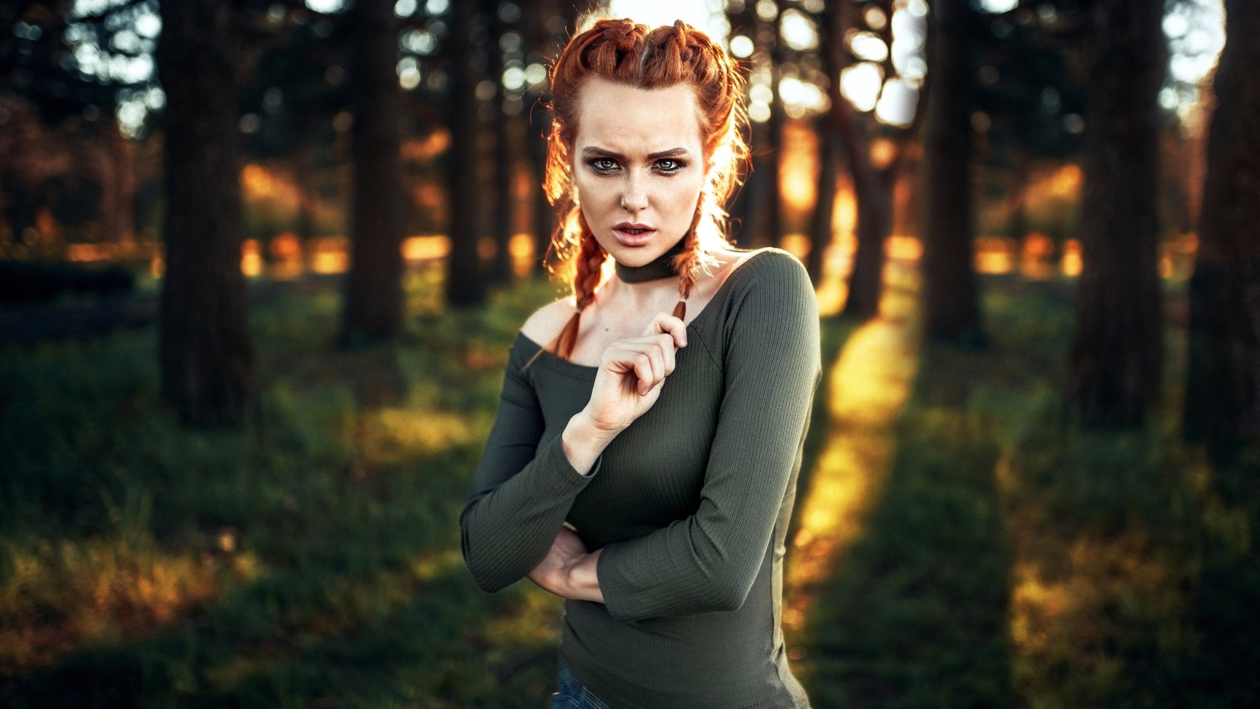 women, redhead, trees, pigtails, women outdoors, portrait