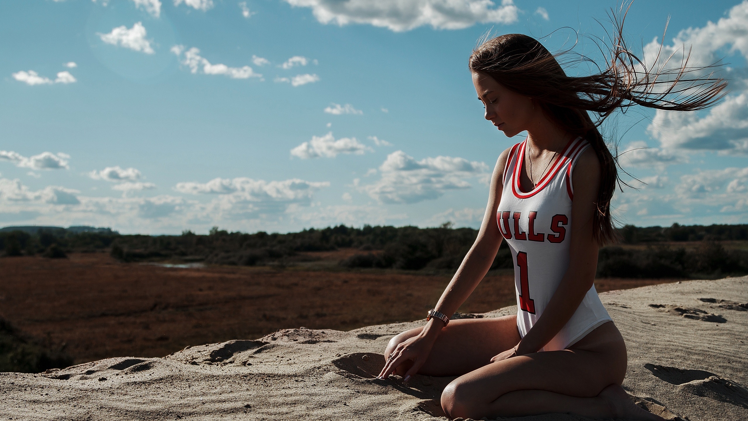 women, one-piece swimsuit, kneeling, tanned, tan lines, sand, long hair, women outdoors