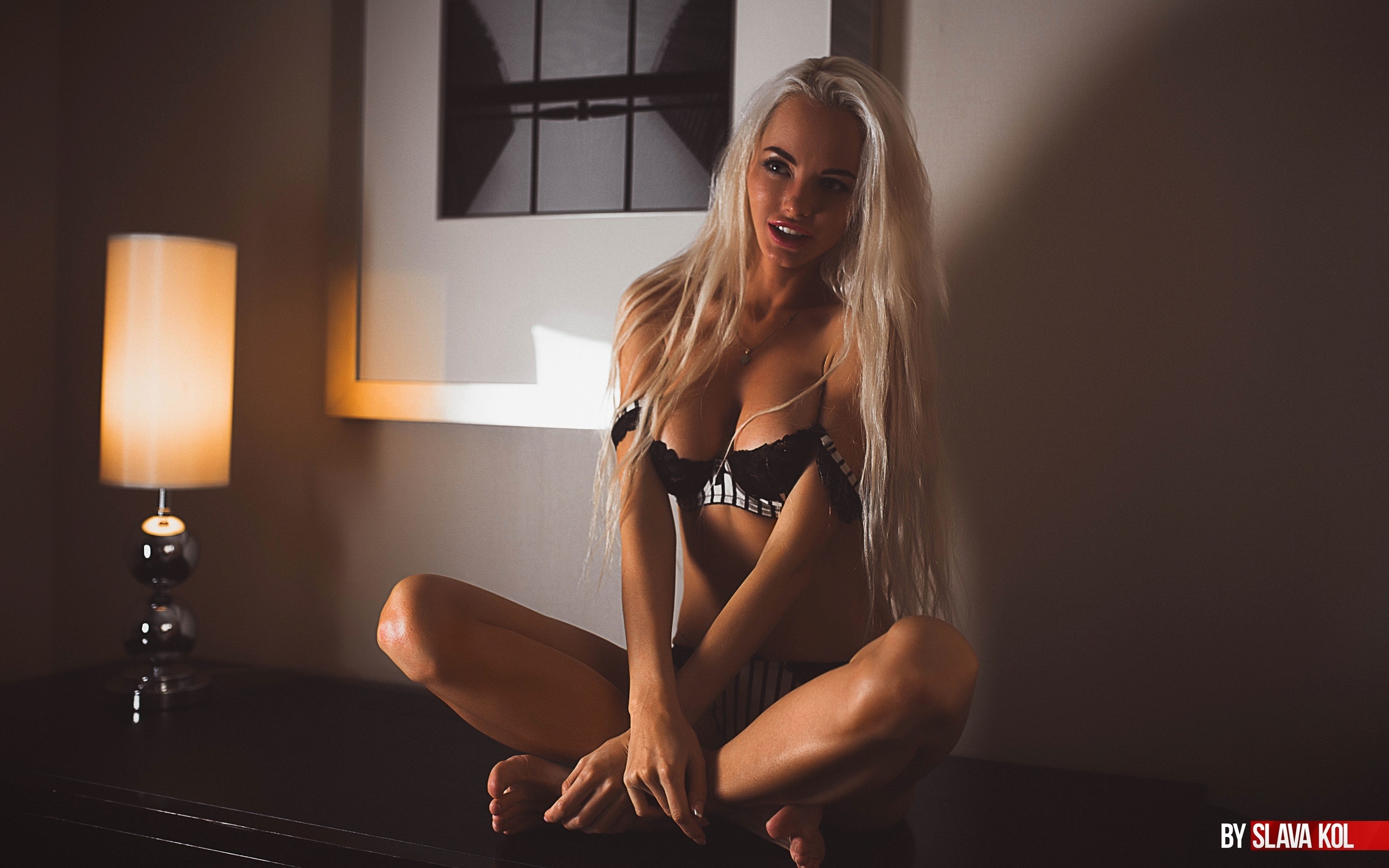 women, slava kol, blonde, sitting, lamp, lingerie, long hair