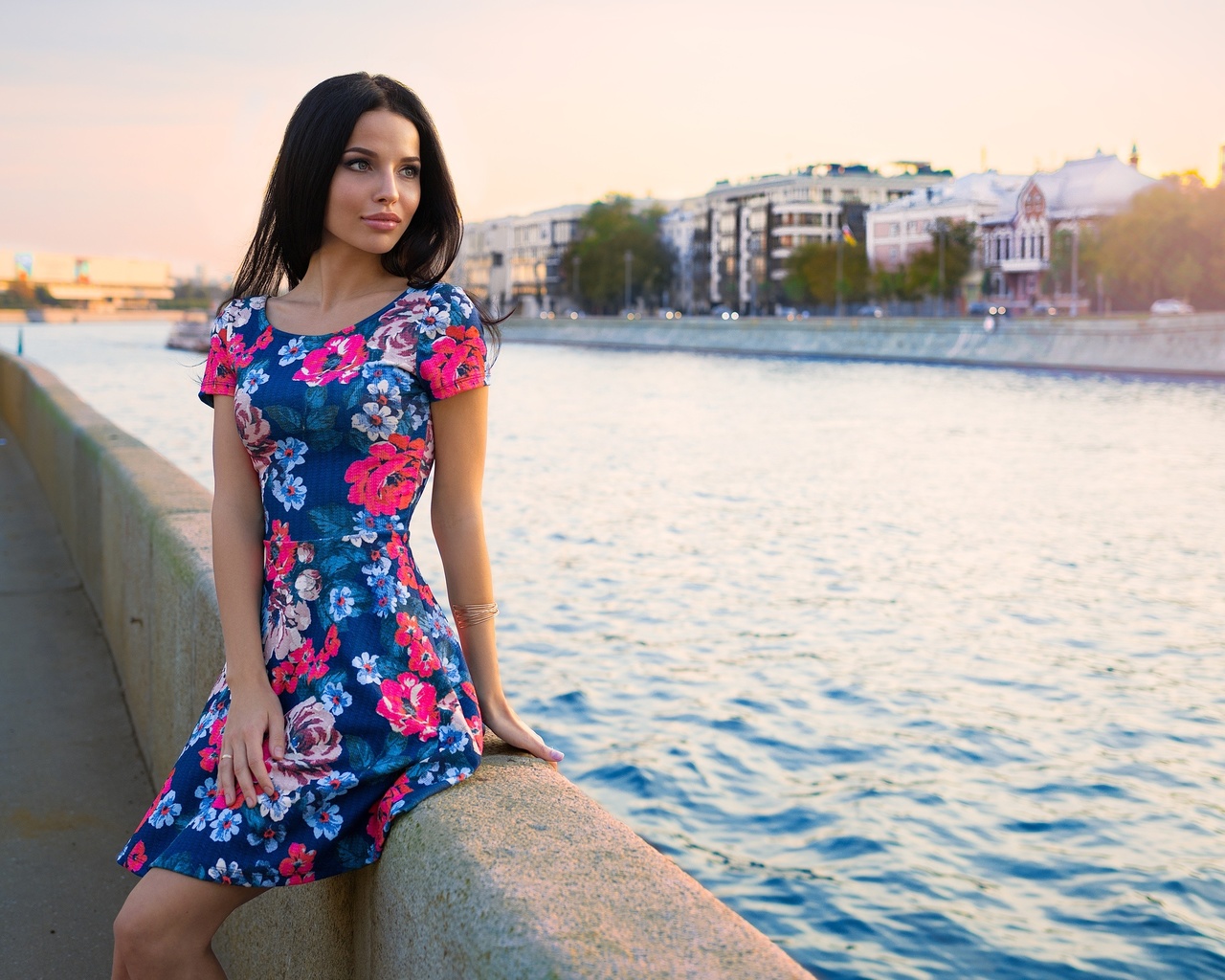 women, dress, river, women outdoors, looking away, black hair, portrait