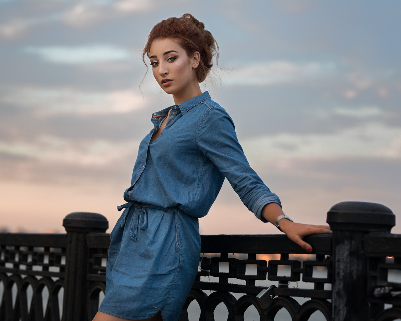 women, denim, red nails, portrait, fence, dmitry sn