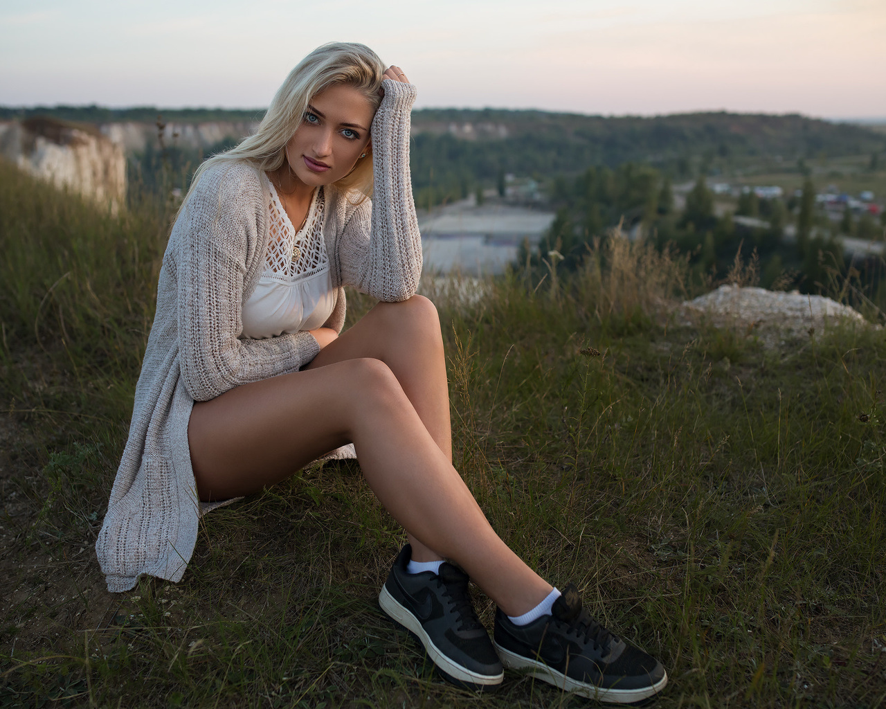 women, blonde, sitting, dmitry sn, portrait, blue eyes, sneakers, nike