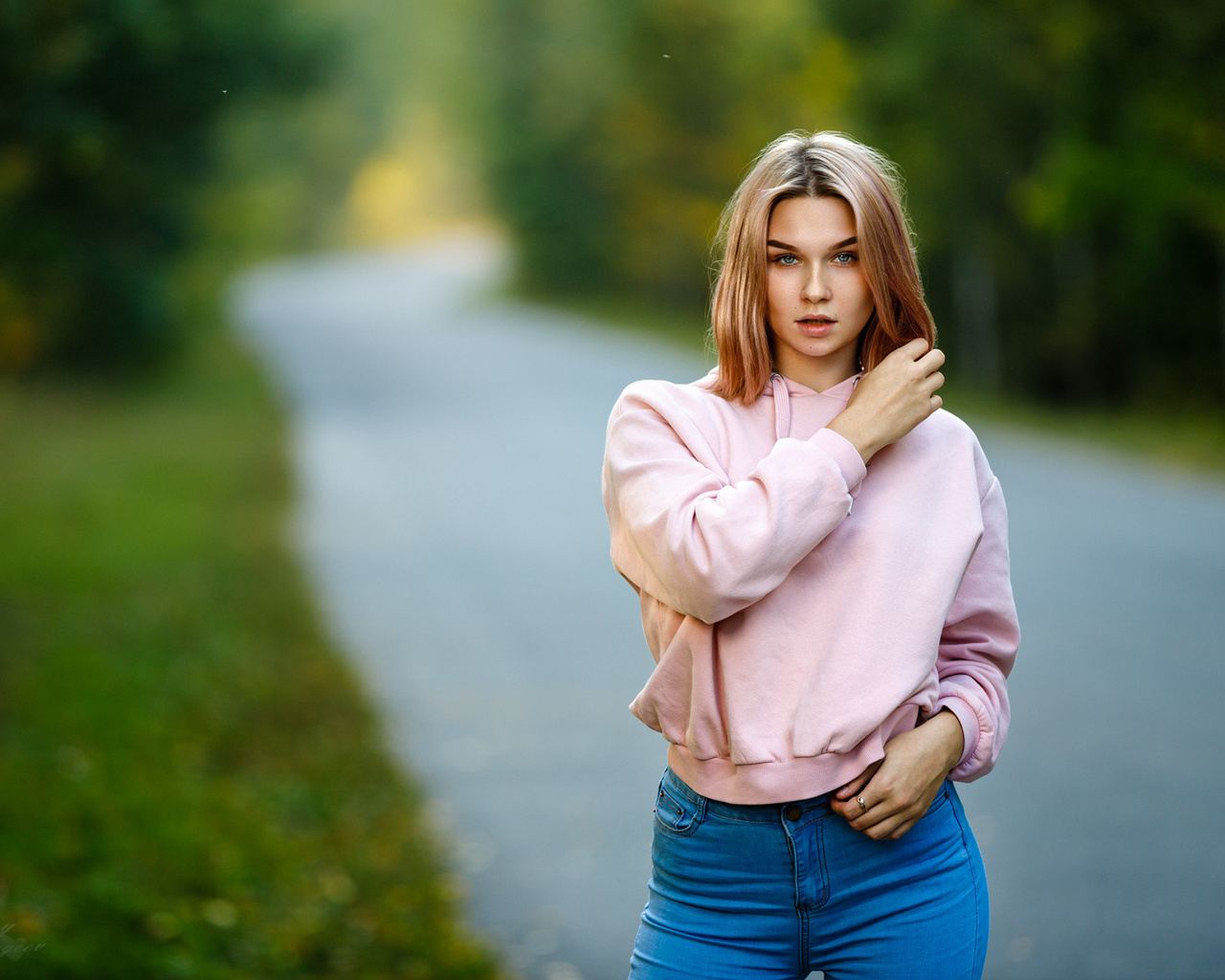 women, blonde, road, jeans, portrait, sweater, sergey sergeev, 