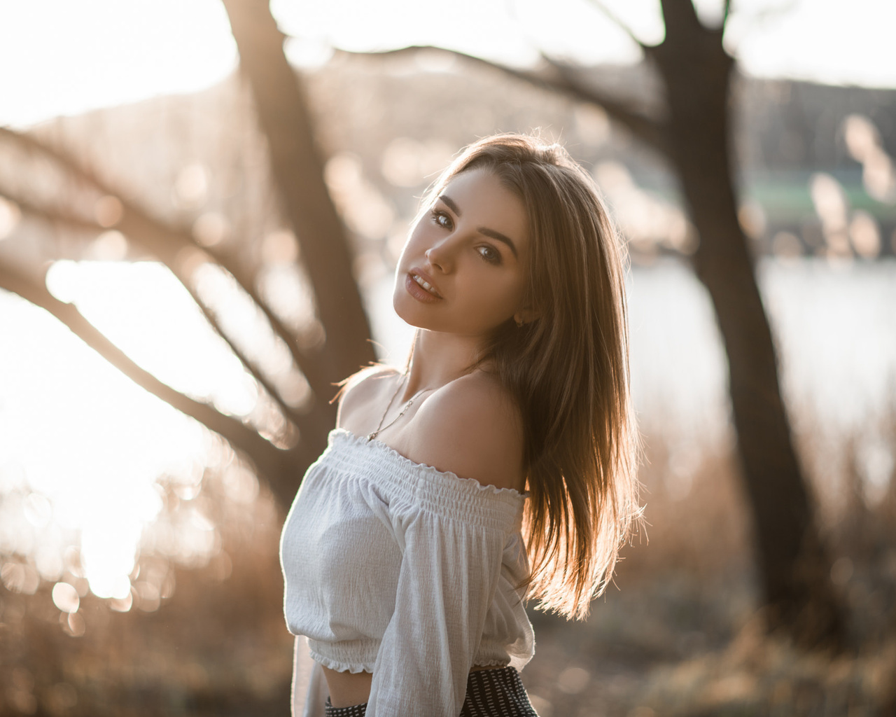 women, blonde, portrait, smiling, necklace, trees, bare shoulders, bokeh