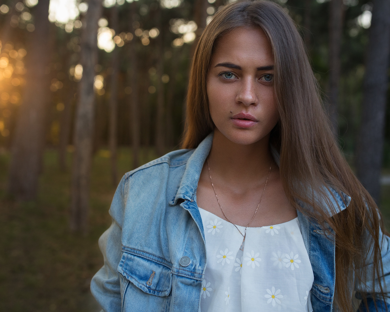 women, dmitry sn, portrait, denim, trees, blue eyes, sunset