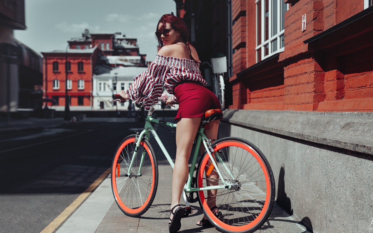 women, sandals, redhead, sunglasses, ass, bare shoulders, women with bicycles