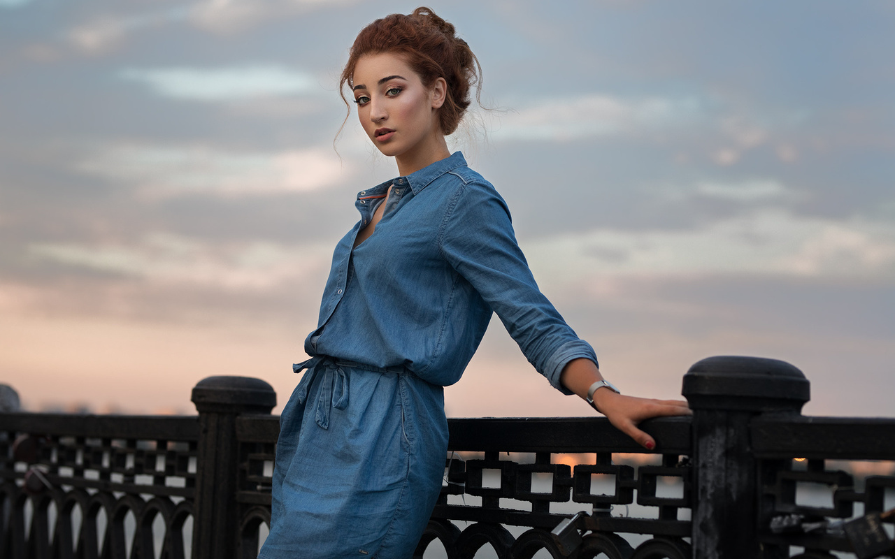 women, denim, red nails, portrait, fence, dmitry sn