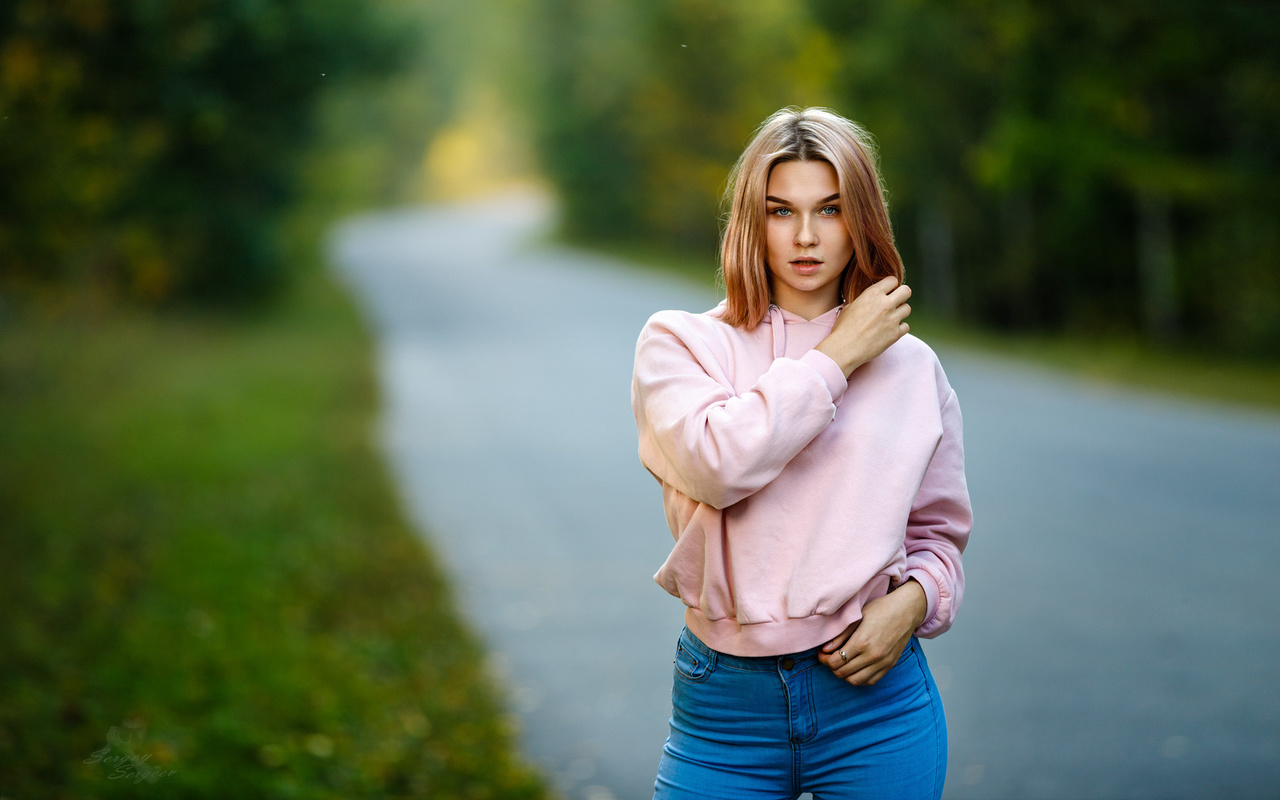 women, blonde, road, jeans, portrait, sweater, sergey sergeev, 