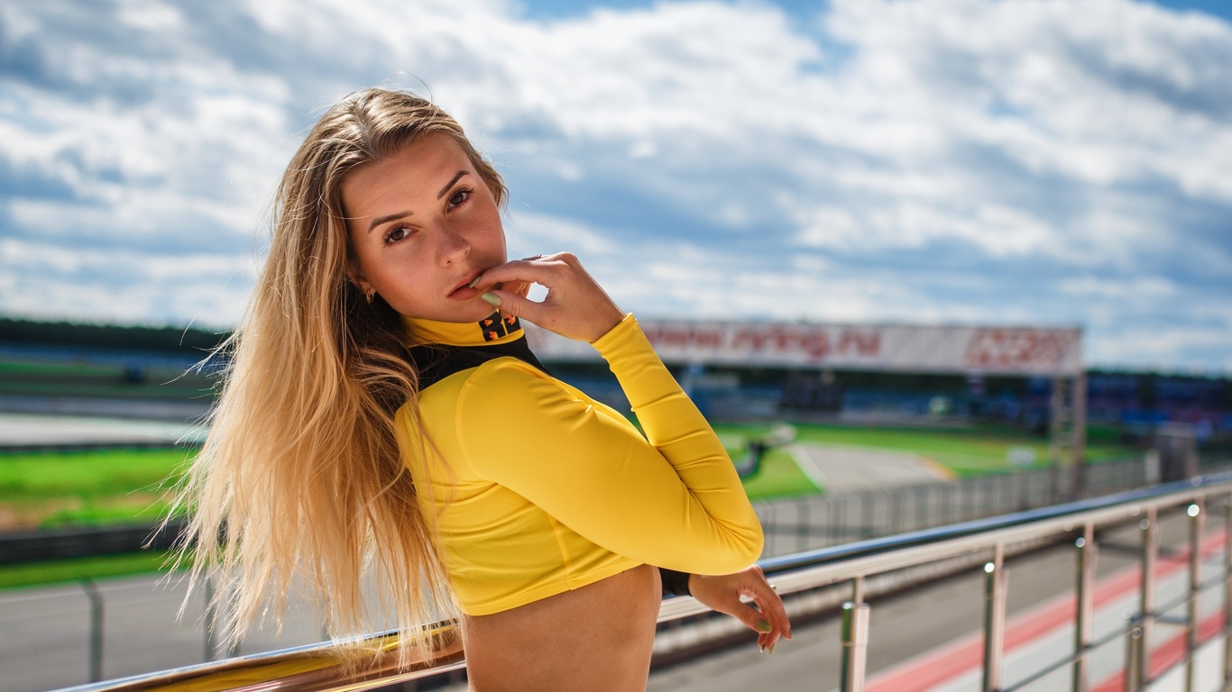 women, blonde, race tracks, finger on lips, portrait, pierced navel, women outdoors