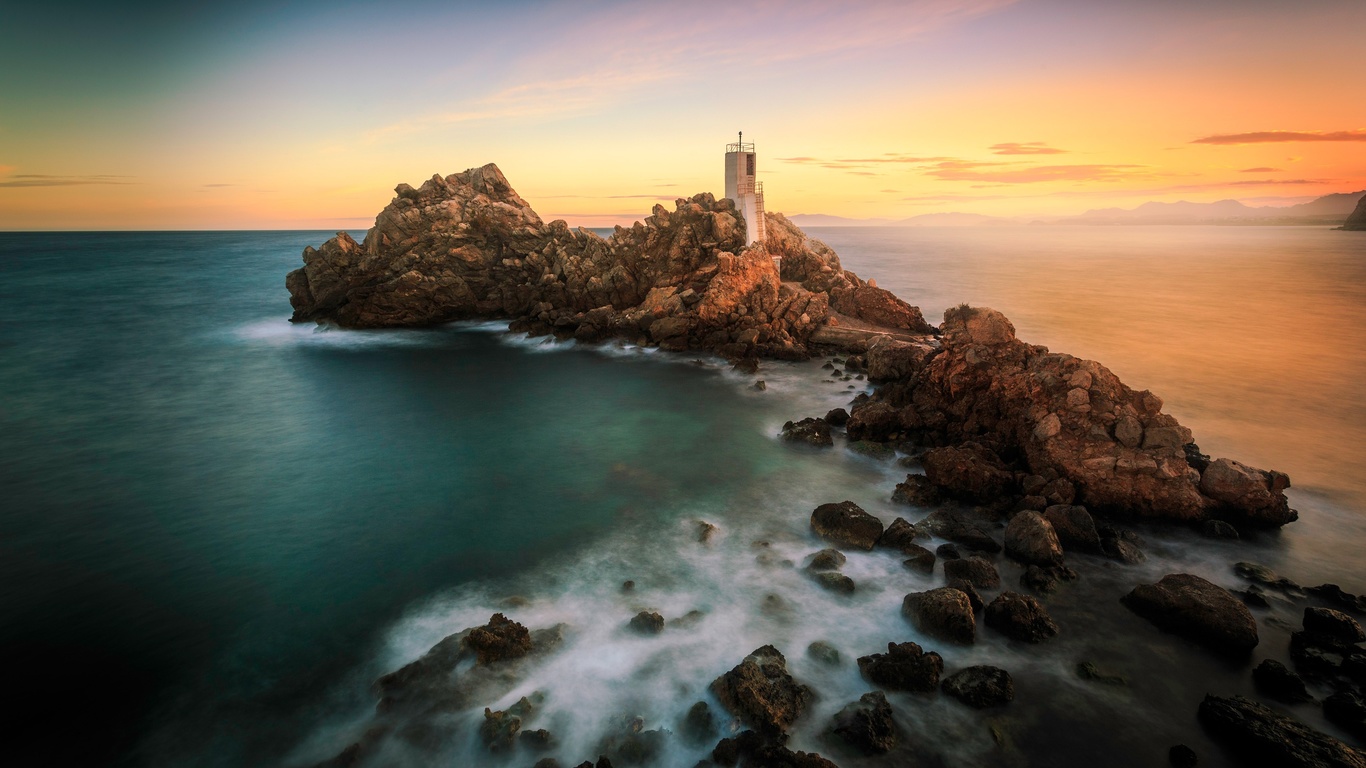 sea, wave, the sky, clouds, sunset, stones, rocks, dawn, shore, lighthouse, the evening, morning, surf, island, cape