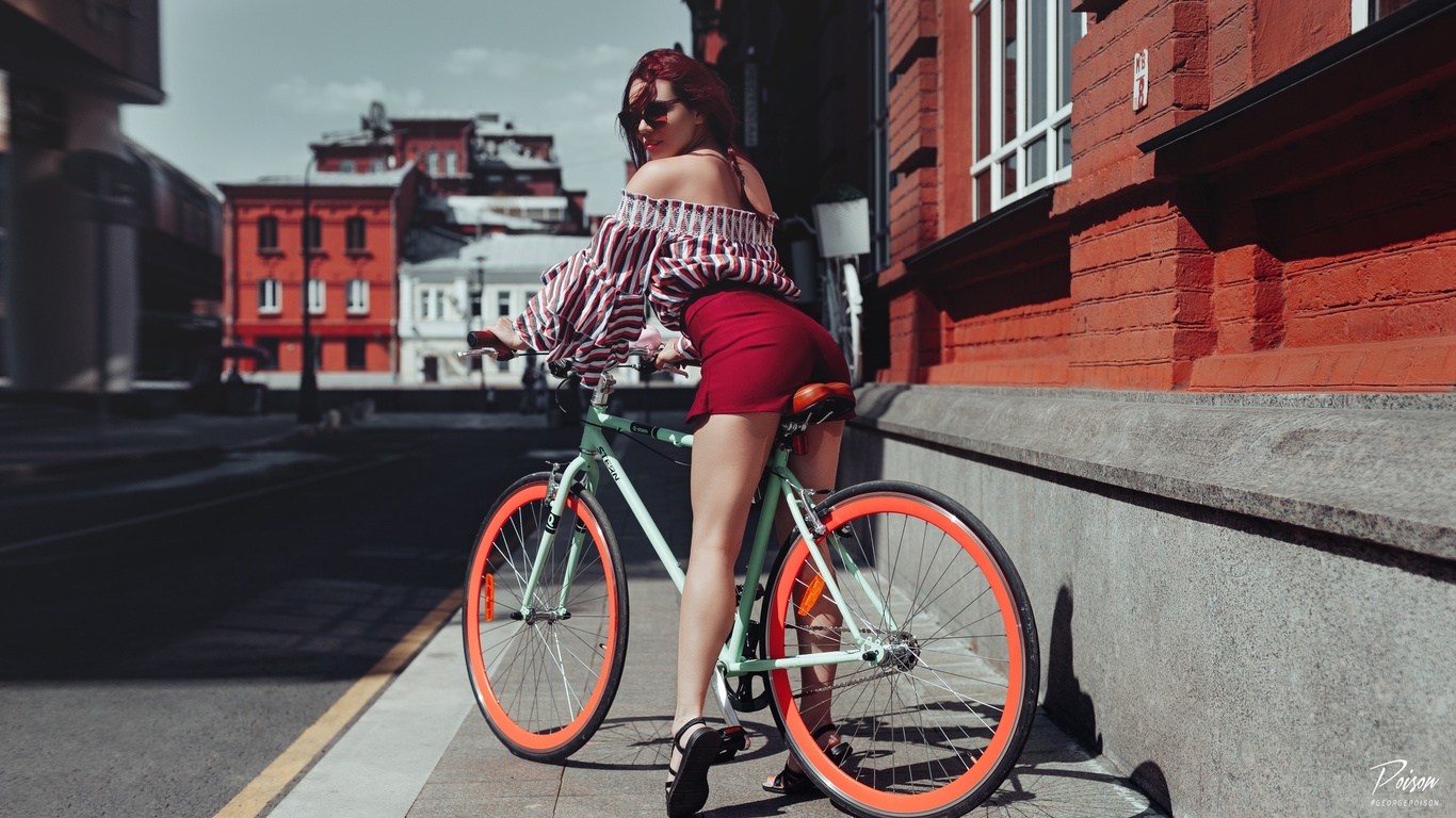 women, sandals, redhead, sunglasses, ass, bare shoulders, women with bicycles