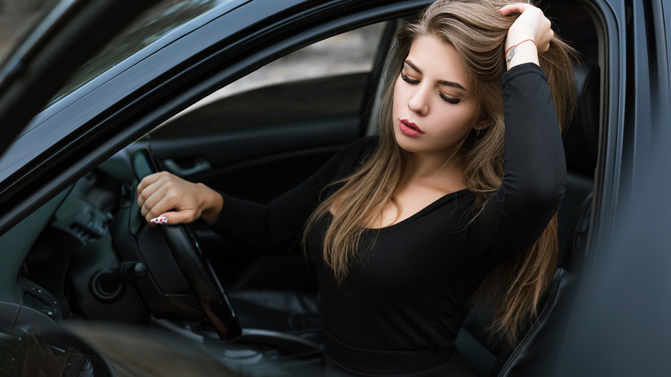 women, black dress, women with cars, portrait, brunette, sitting, blonde