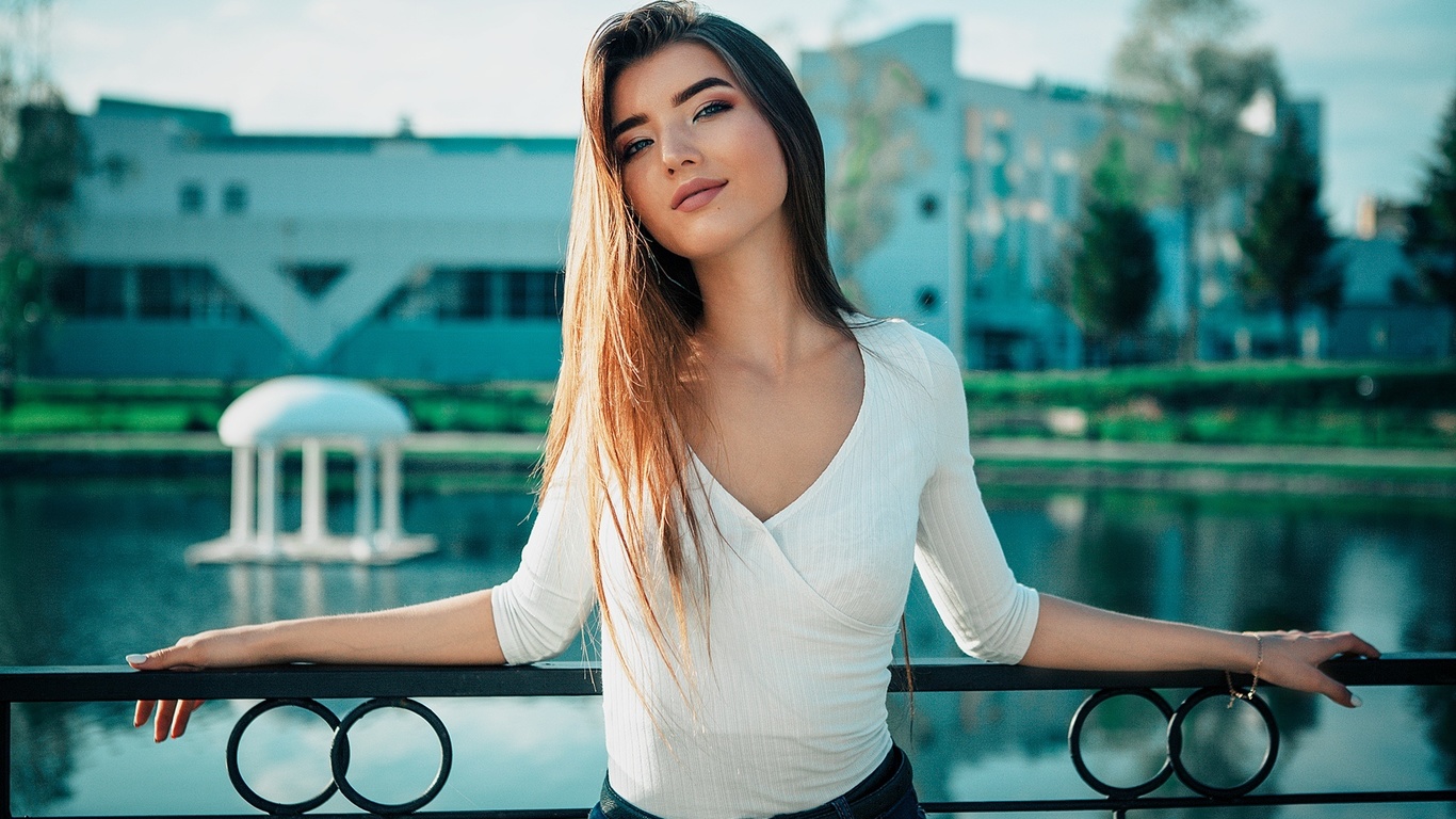 women, portrait, fence, smiling, long hair, belt, white nails