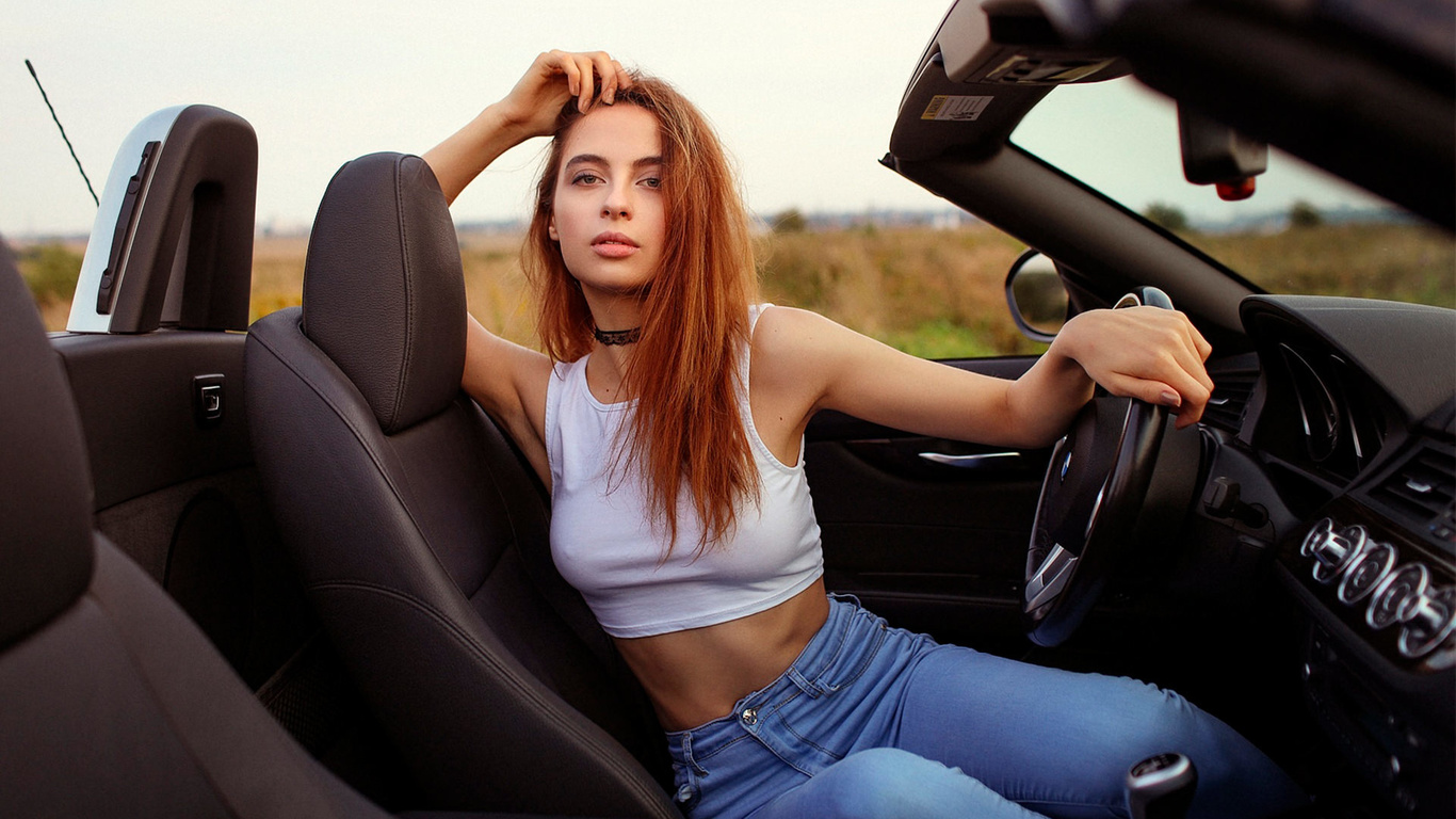 women, portrait, redhead, bmw, choker, tank top, jeans, nipple through clothing, women with cars