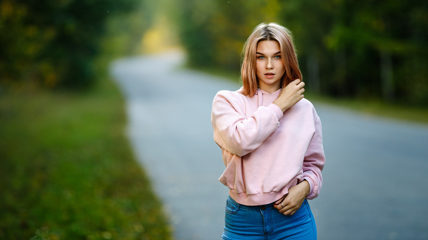 women, blonde, road, jeans, portrait, sweater, sergey sergeev, 