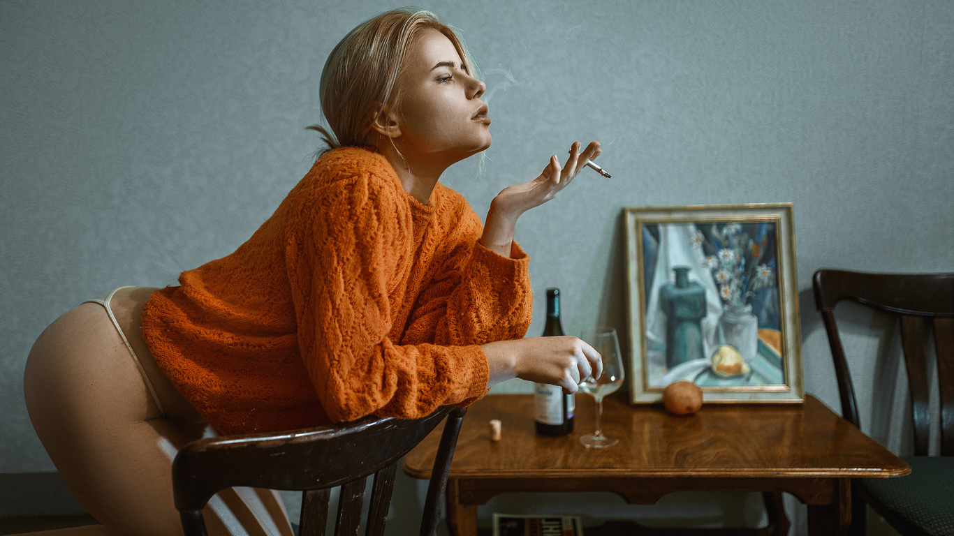 women, blonde, ass, white panties, kneeling, chair, cigarettes, smoke