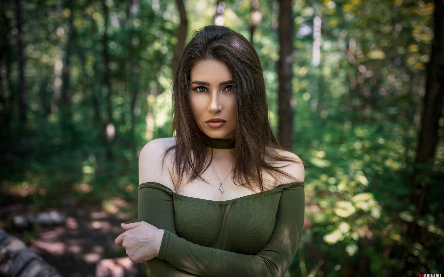 women, portrait, eyeliner, green eyes, necklace, bare shoulders, trees, stanislav maximov