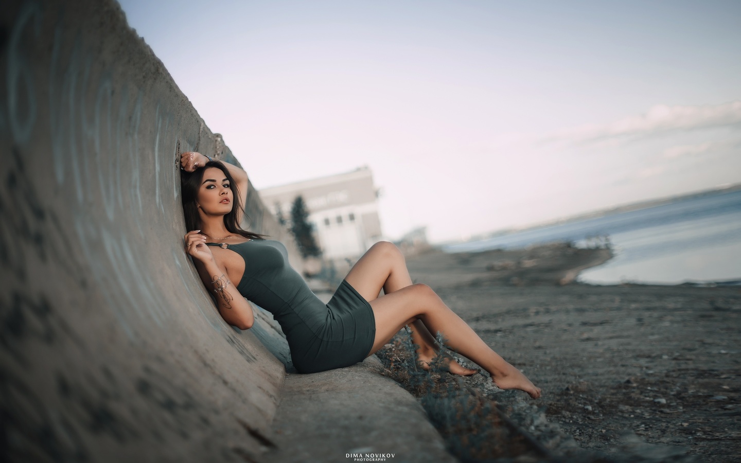 women, dress, sitting, tattoo, sea, portrait, women outdoors