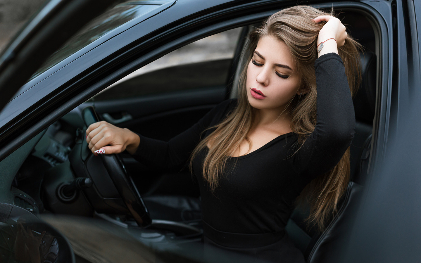 women, black dress, women with cars, portrait, brunette, sitting, blonde