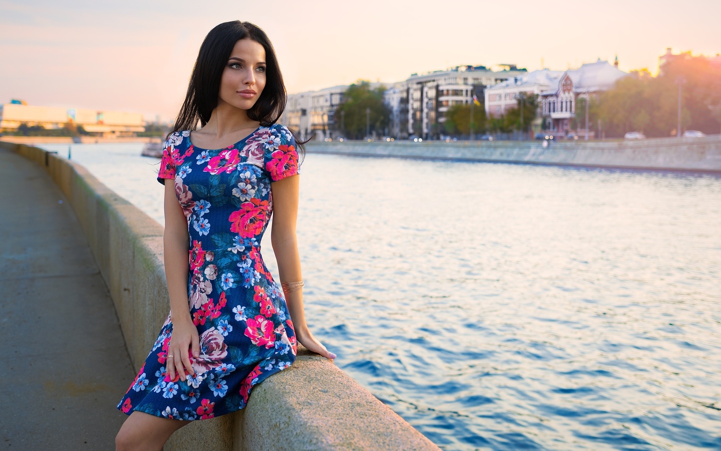 women, dress, river, women outdoors, looking away, black hair, portrait